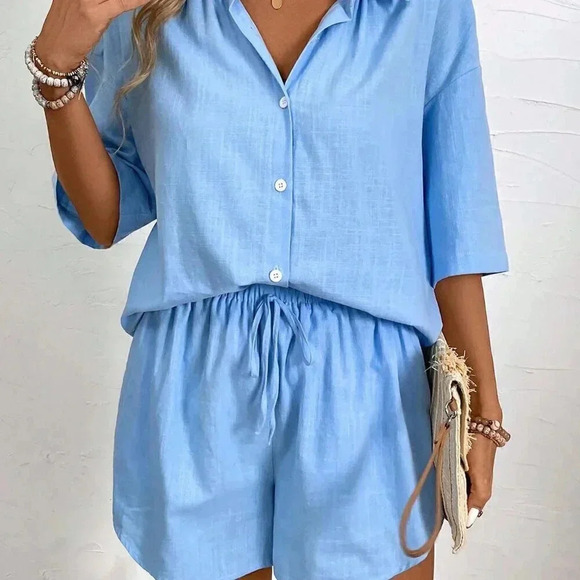 Blue Casual Women's Leisure Solid Color Drop-Shoulder Shirt And And Shorts Set - Picture 4 of 7